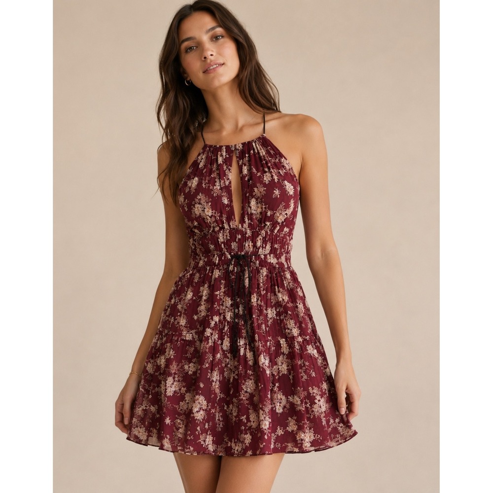 Cinq a Sept Burgundy Silk Halter Mini‎ Dress Keyhole Smocked Waist XS